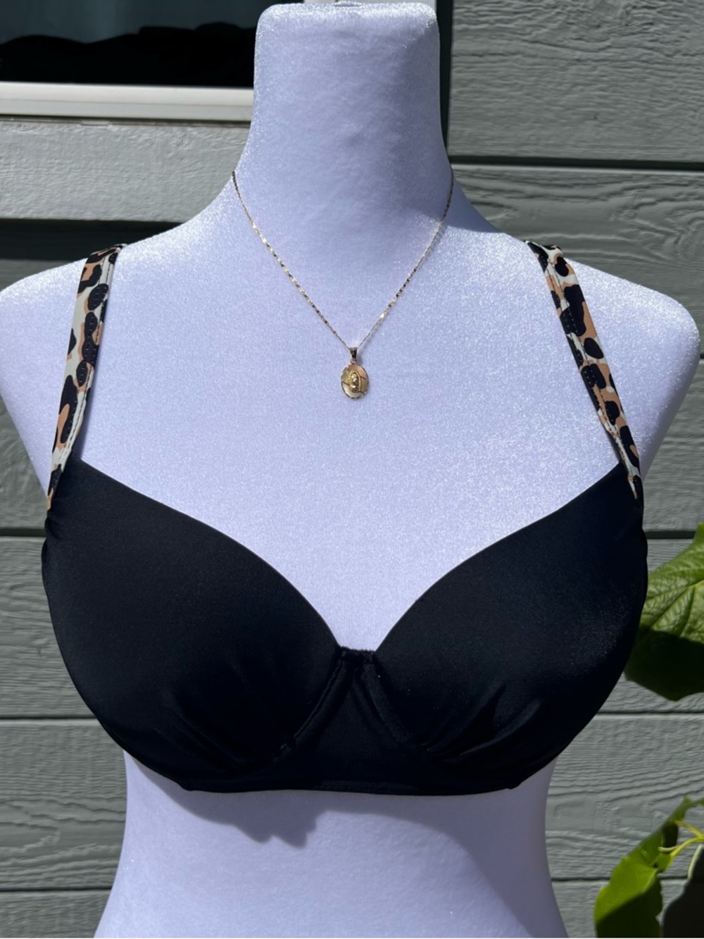 Black Swim Bra with Leopard-Print Adjustable Straps